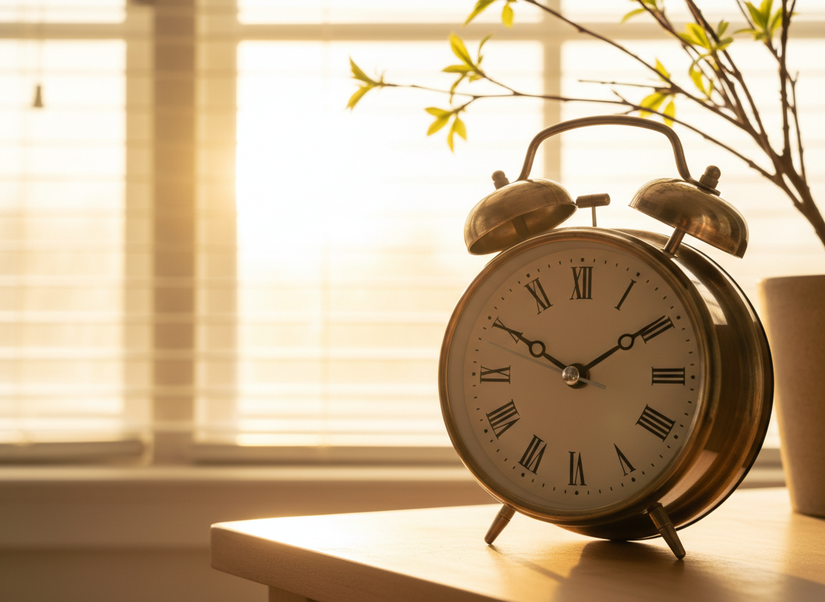 Analog alarm clock with hands moving forward one hour to represent Daylight Savings Time spring forward, bright hopeful background